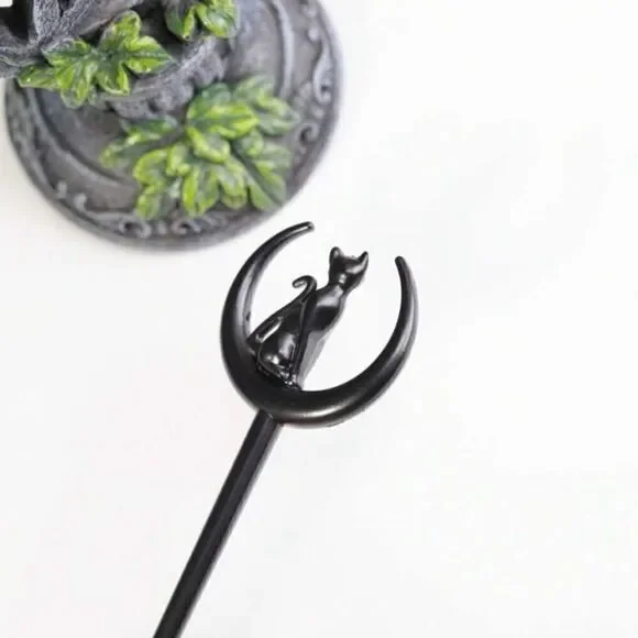 Goth/ Witchy Black Cat Hair Accessory, Hair Pin, Engraved design Front &… - Picture 2 of 4